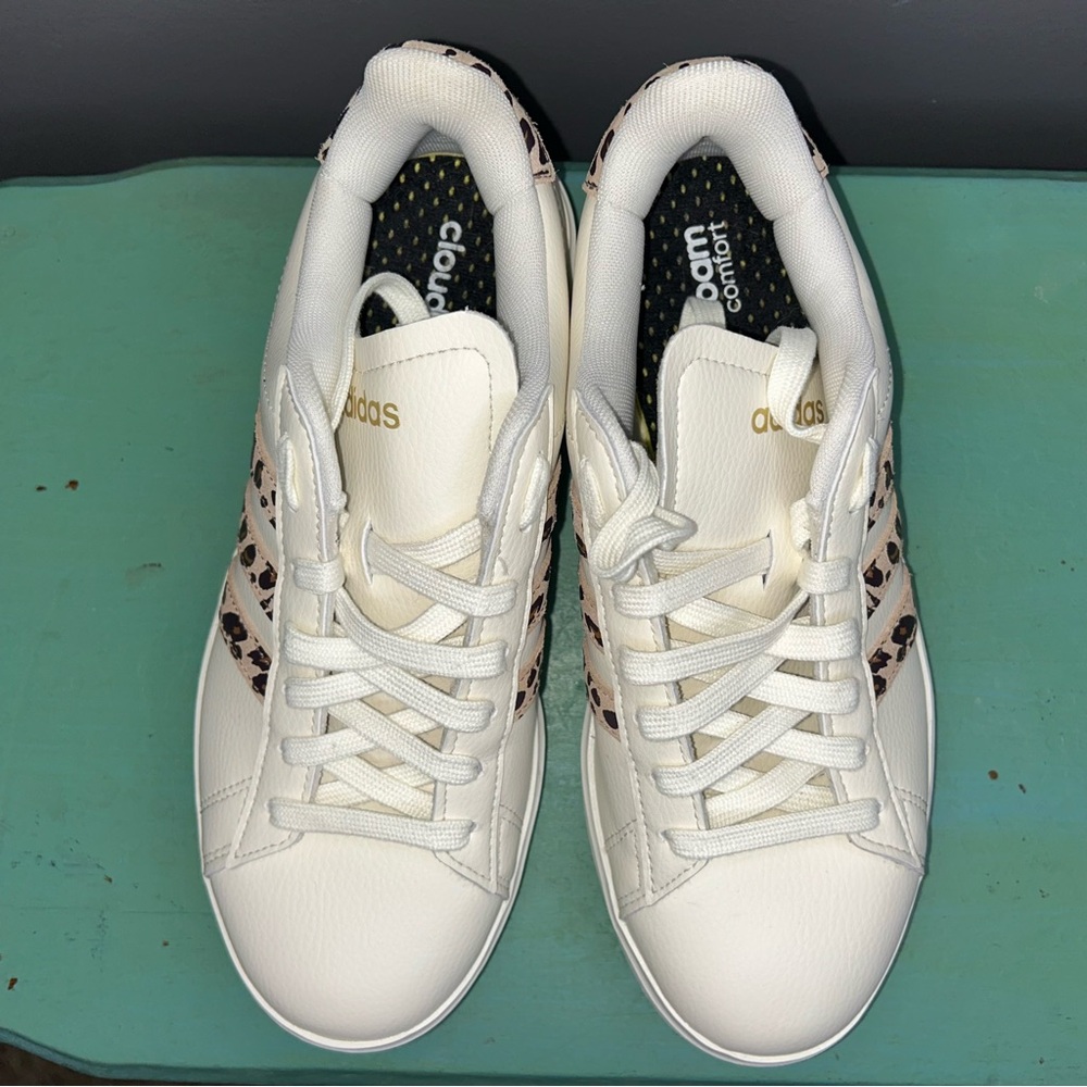 Adidas Grand Court 2.0 Sneakers Magic Beige Matte Gold Leopard Print Size 7 - Picture 6 of 7